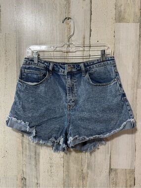 High-Rise Distressed Blue Denim Shorts